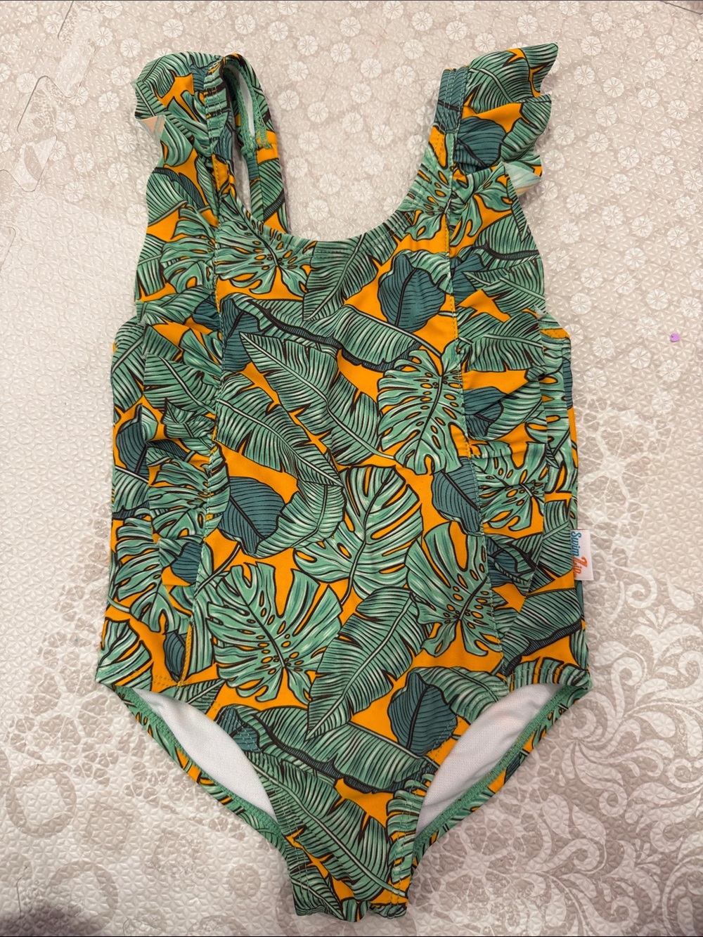 Tropical Leaf Ruffle-Shoulder One-Piece Swimsuit - Green & Yellow